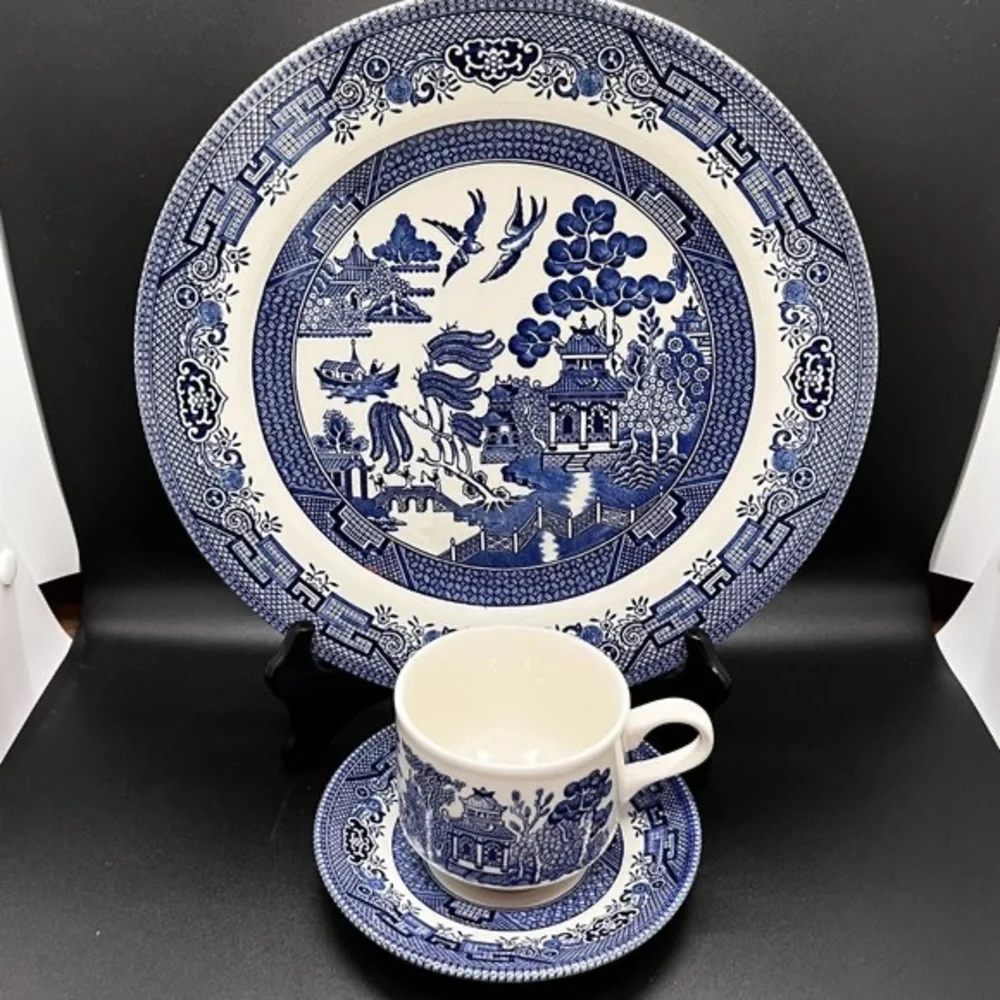 Blue Willow 3 Piece Set-Dinner Plate, Cup and Saucer by Churchill NIB